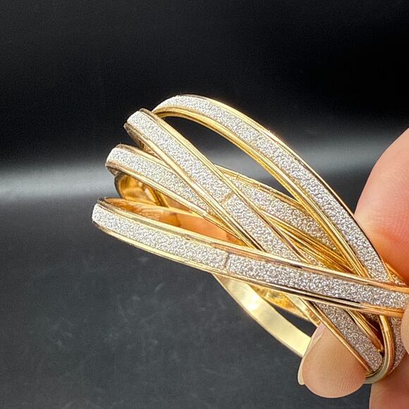 Monet Bracelet Size 7.5 Faux Druzy Inlay 5 Linked Bands Gold Tone Bangle w/ Box - Picture 3 of 9